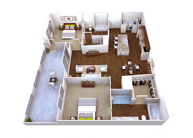 Floor plan for 2 beds, 2 baths, 1200 sqft